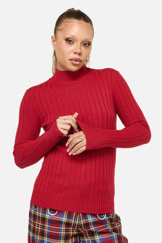 Image of a model wearing Tops. Productname: Crowned Knit Top in Red colour by brand - Dangerfield