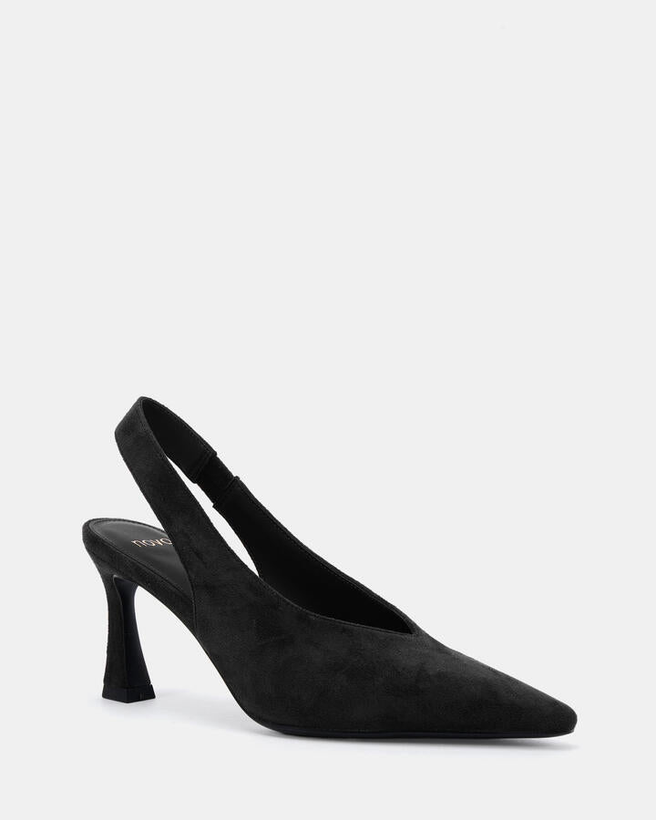 Image of Heels. Product name - Yarden Black Suede Vegan Heels in Black colour by brand - Novo