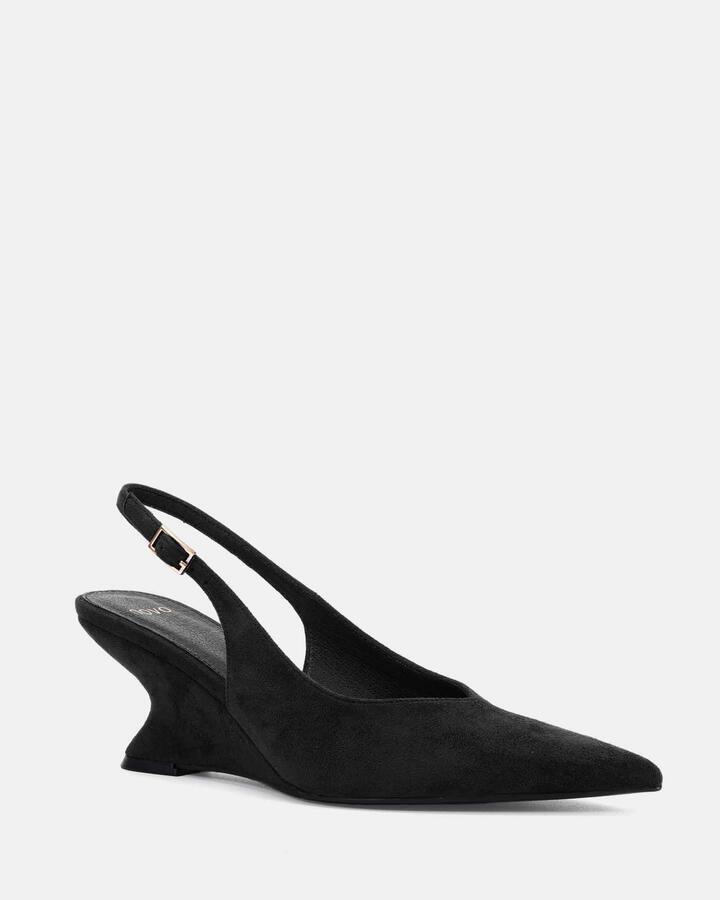 Image of Heels. Product name - Woodrow Black Suede Vegan Heels in Black colour by brand - Novo