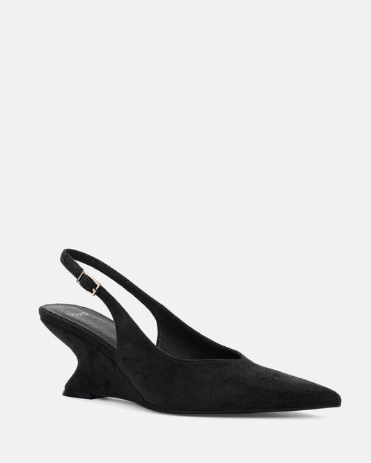 Image of Heels. Product name - Woodrow Black Suede Vegan Heels in Black colour by brand - Novo