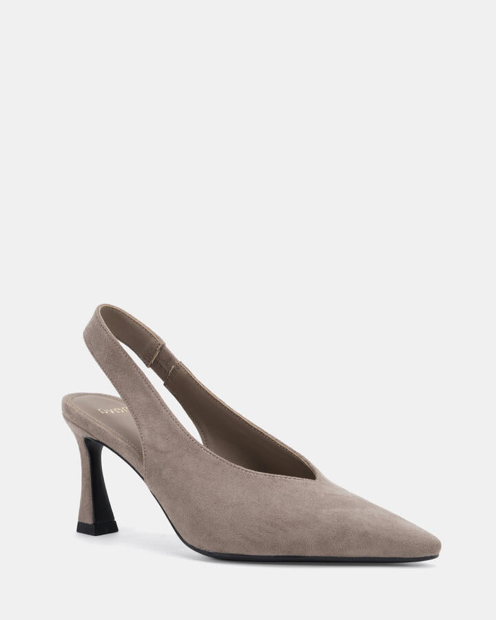 Image of Heels. Product name - Yarden Dove Suede Vegan Heels in Dove Suede colour by brand - Novo