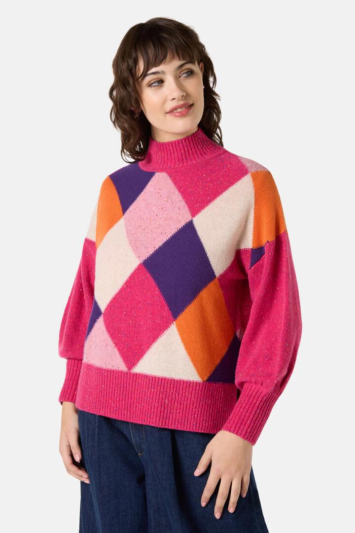 Image of a model wearing Outerwear. Product name - Diamond Jumper in Multi colour by brand - Gorman