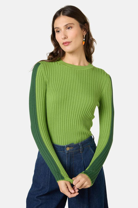 Image of a model wearing Tops. Product name - Amilia Cotton Knit Top in Green colour by brand - Gorman