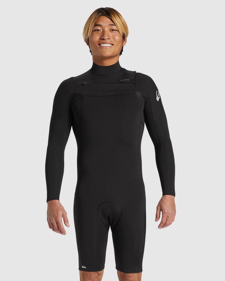 Image of a model wearing Tops. Product name - Quiksilver Mens 2/2Mm Everyday Sessions Chest Zip Long Sleeve Springsuit Black in Black colour by brand - Quiksilver