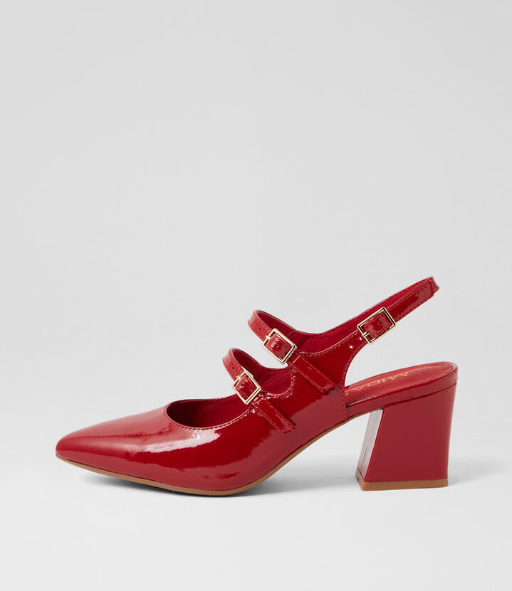 Image of Flats. Product name - Merina Dark Red Patent Leather Mary Jane Heels in Dk Red colour by brand - MIDAS