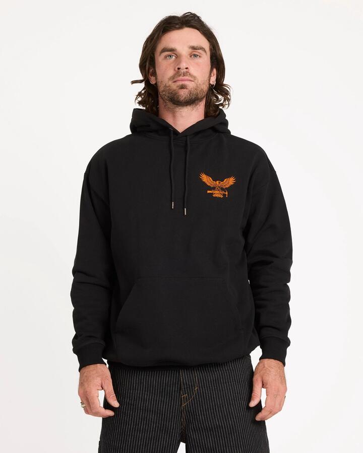 Image of a model wearing Outerwear. Product name - Volcom Mens Hammered Pullover Hoodie Black in Black colour by brand - Volcom