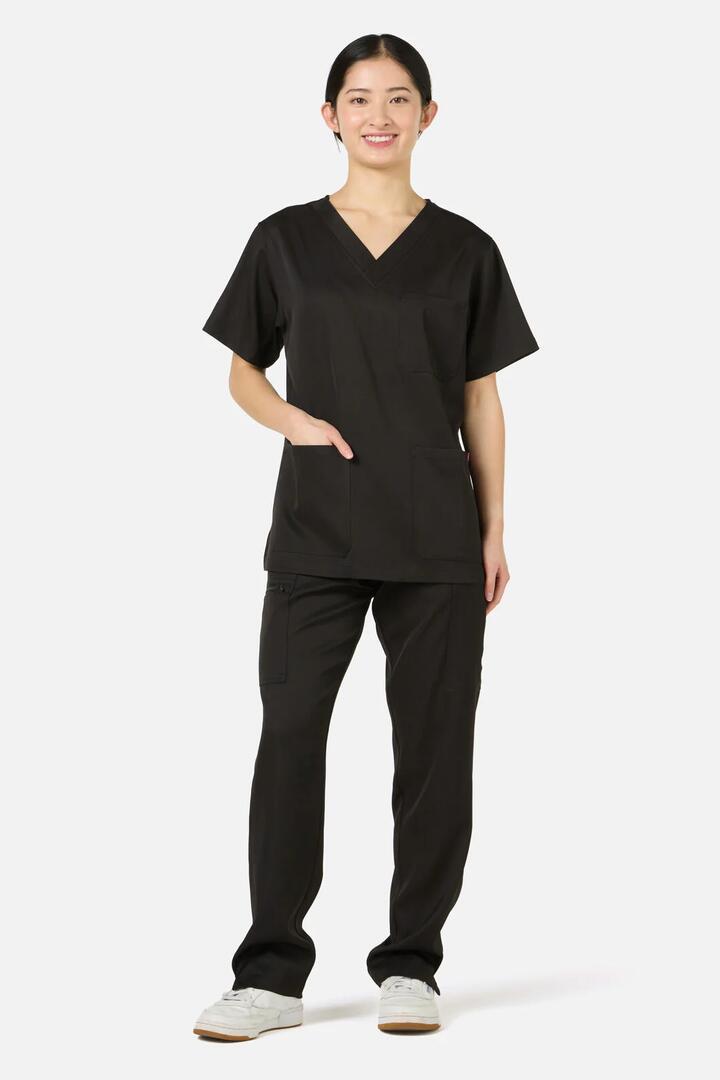 Image of a model wearing Uniforms & Workwear. Productname: Scrubs With Love Black Scrub set in Black colour by brand - Scrubs With Love
