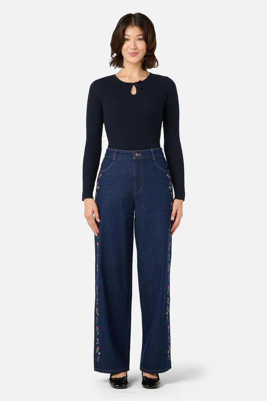 Image of Jeans. Productname: Roses Embroidered Jean in Blue Denim colour by brand - Princess Highway
