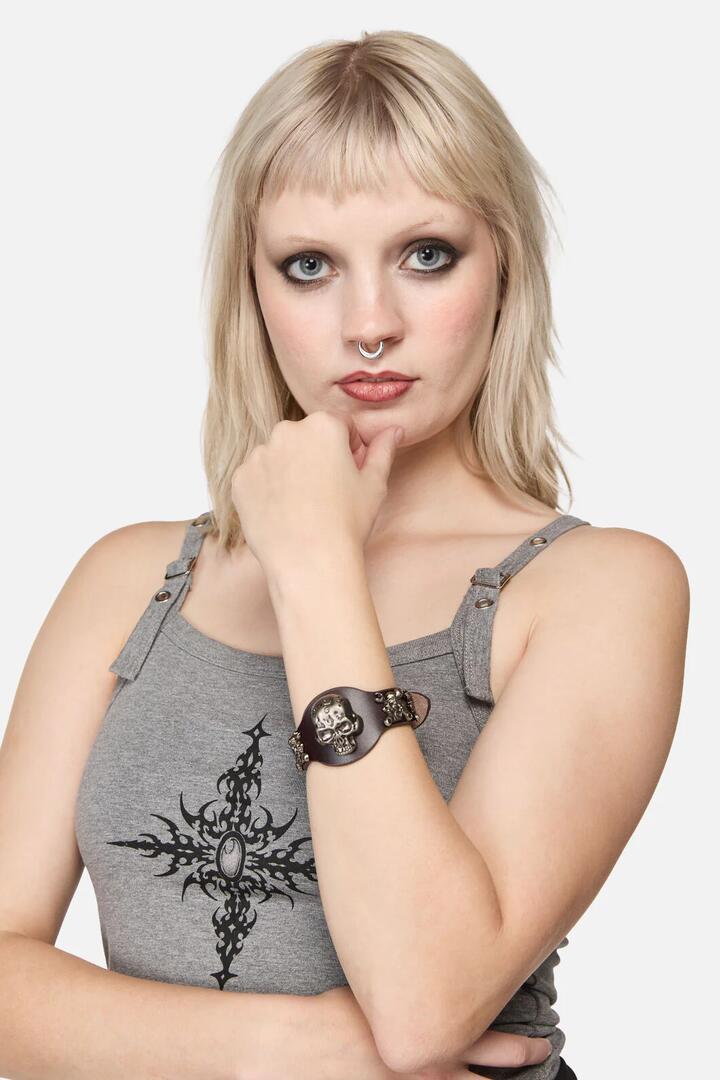 Image of Jewelry. Productname: Skull Leather Cuff in Dark Red colour by brand - Dangerfield