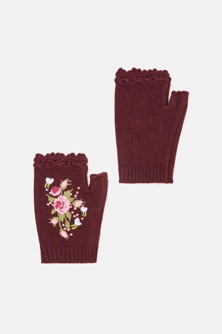 Image of Gloves & Mittens. Productname: Flower & Bee Fingerless Gloves in Plum colour by brand - Princess Highway