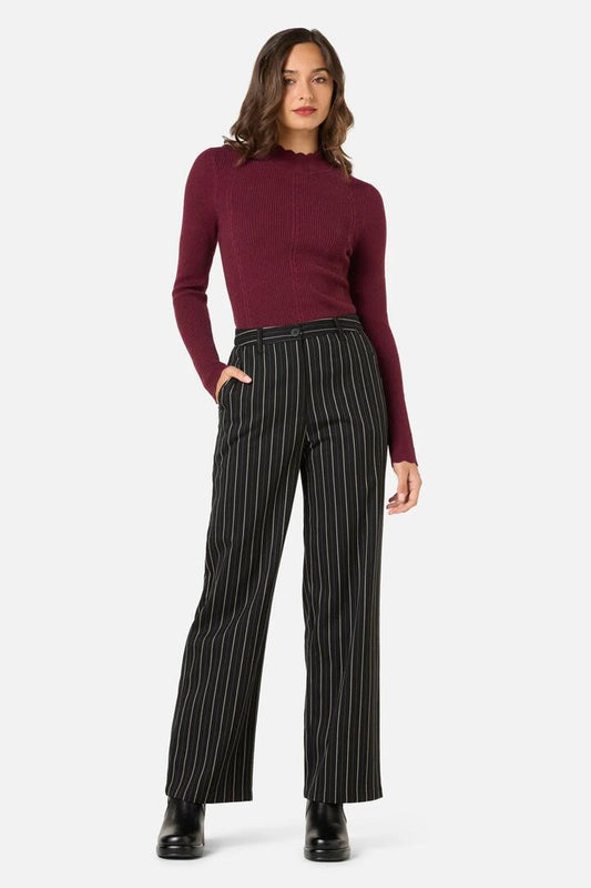 Image of a model wearing Pants. Productname: Celeste Pinstripe Pant in Bronze Brown colour by brand - Princess Highway