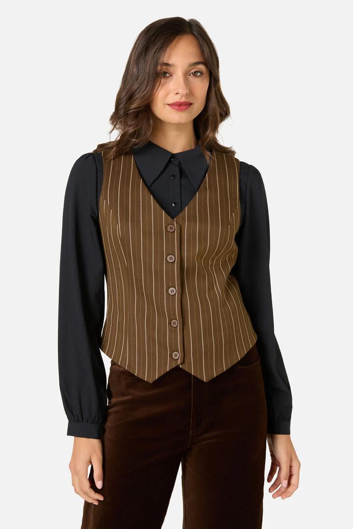 Image of Coats & Jackets. Productname: Celeste Pinstripe Vest in Bronze Brown colour by brand - Princess Highway