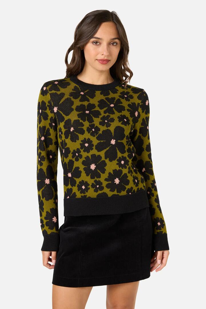 Image of a model wearing Outerwear. Productname: Donna Flower Knit Jumper in Olive colour by brand - Princess Highway