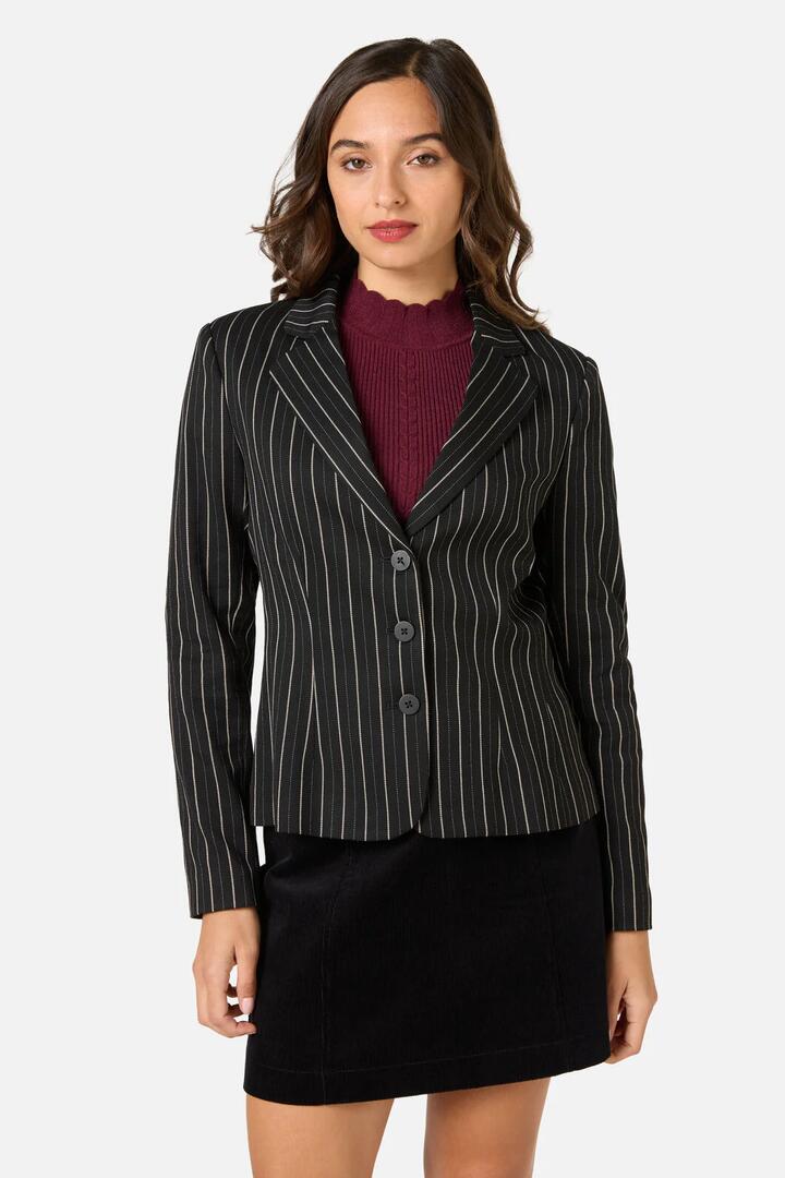 Image of a model wearing Outerwear. Productname: Celeste Pinstripe Blazer in Black colour by brand - Princess Highway
