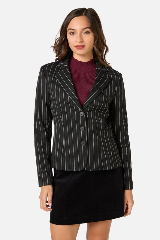 Image of a model wearing Outerwear. Productname: Celeste Pinstripe Blazer in Black colour by brand - Princess Highway