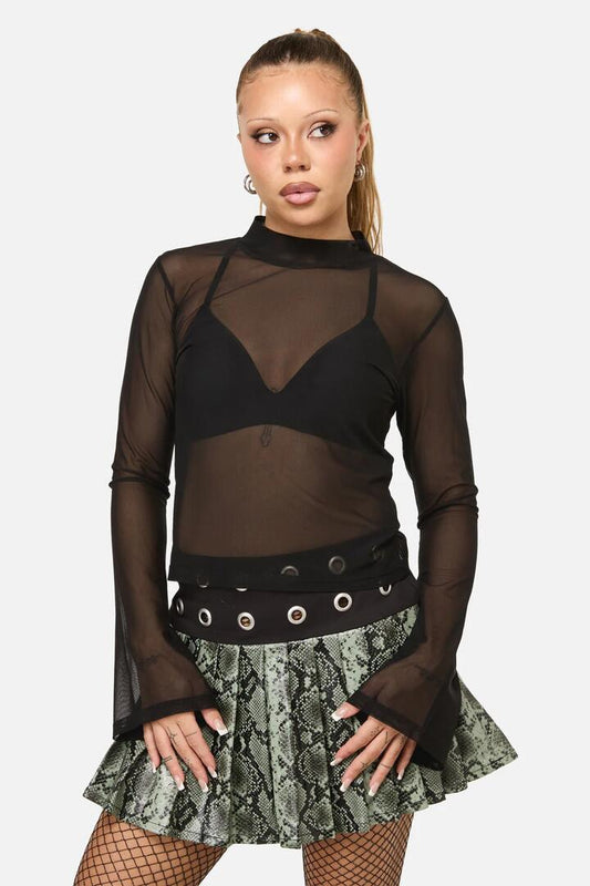 Image of a model wearing Tops. Productname: Sigil Mesh LS Top in Black colour by brand - Dangerfield