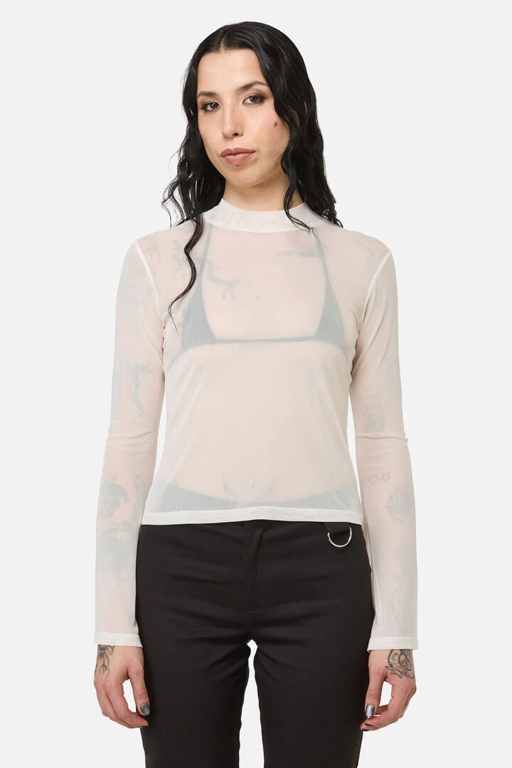 Image of a model wearing Tops. Productname: Bonez Mesh Top in Cream colour by brand - Black Friday