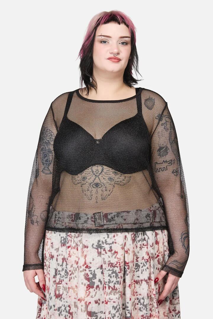 Image of a model wearing Tops. Productname: Curve Opulent Mesh Top in Black colour by brand - Black Friday
