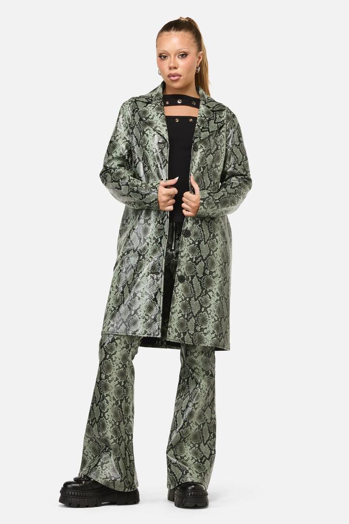 Image of a model wearing Outerwear. Productname: Y2K Snakey Mid Length Coat in Grey colour by brand - Dangerfield