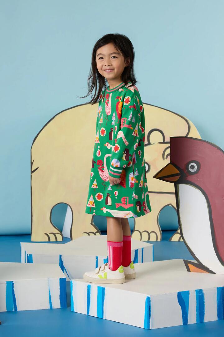 Image of Dresses. Product name - Funky Birds Kids Sweater Dress in Green colour by brand - Gorman
