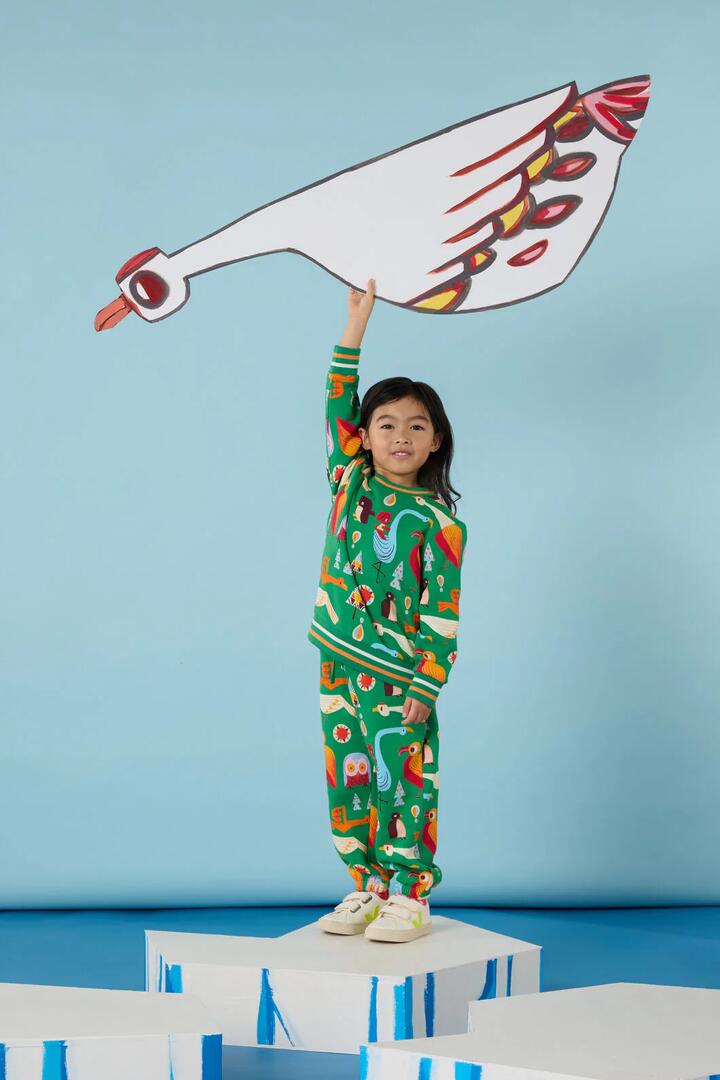 Image of a model wearing Outerwear. Product name - Funky Birds Kids Sweater in Green colour by brand - Gorman