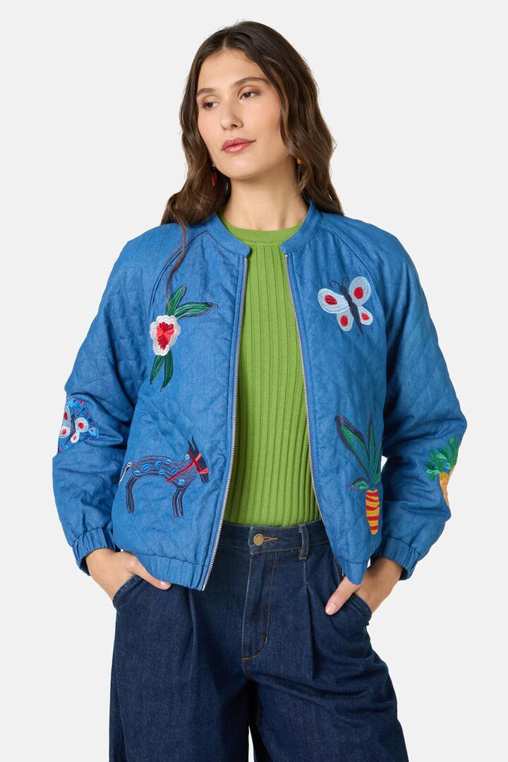 Image of Coats & Jackets. Product name - Garden Bed Denim Bomber Jacket in Blue colour by brand - Gorman