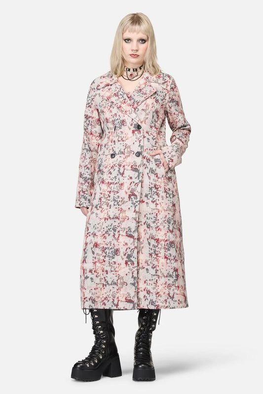 Image of a model wearing Outerwear. Productname: Lesions Tartan Goth Trench in Multi colour by brand - Black Friday