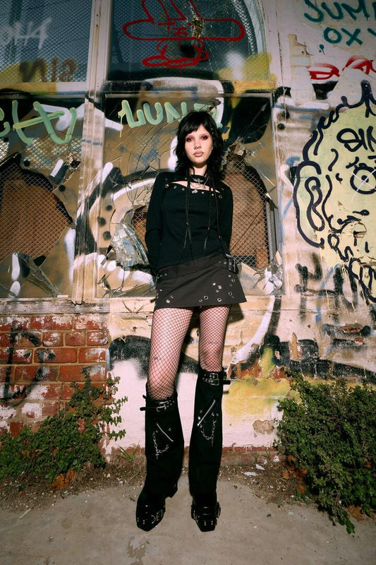 Image of a model wearing Skirts. Productname: Enamored Goth Skirt in Black colour by brand - Black Friday