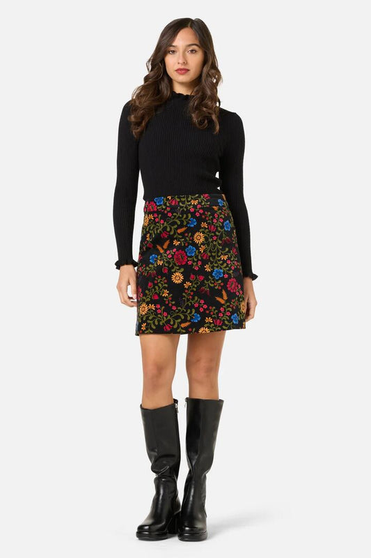 Image of a model wearing Skirts. Productname: Joelle Floral Velvet Skirt in Black colour by brand - Princess Highway