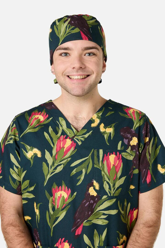 Image of Hats. Productname: Cockatoo & Protea Scrub Hat in Teal colour by brand - Scrubs With Love