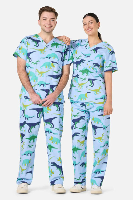 Image of a model wearing Uniforms & Workwear. Productname: Dino Pod Scrub Set in Blue colour by brand - Scrubs With Love