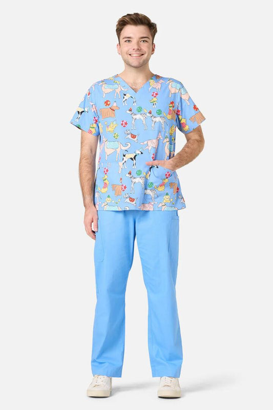 Image of a model wearing Uniforms & Workwear. Product name - Dog Picnic Top & Pant Scrub Set in Blue colour by brand - Gorman