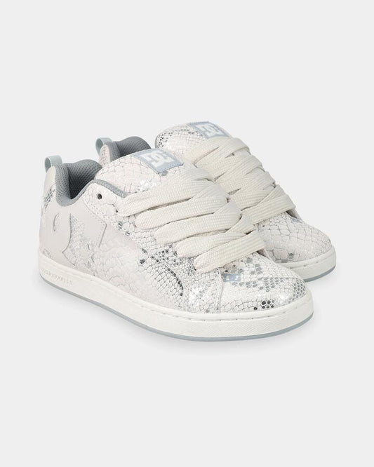 Image of Shoes. Product name - DC Shoes Womens Court Graffik Skate Shoes Lily White/Grey/Metallic Silve in Lily White/Grey/Metallic Silve colour by brand - DC Shoes