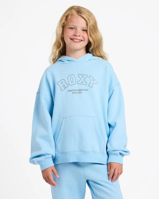 Image of a model wearing Outerwear. Product name - Roxy Girls 4-16 Rg Endless Days Pullover Hoodie Sky Blue in Sky Blue colour by brand - Roxy