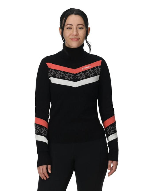 Image of a model wearing Outerwear. Product name - Spyder Womens Steller Ski Fleece Jumper Black in Black colour by brand - Spyder
