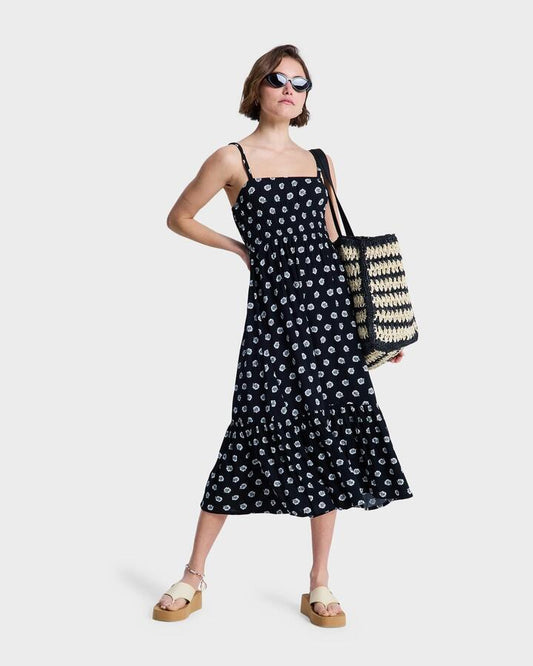 Image of Dresses. Product name - Roxy Womens Sunrise Coast Midi Dress Anthracite Hibiscus Dots in Anthracite Hibiscus Dots colour by brand - Roxy