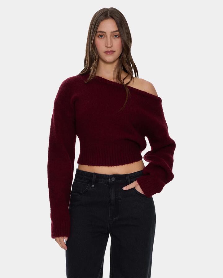 Image of a model wearing Outerwear. Product name - Thrills Womens Oslo Cold Shoulder Knit Sweater New Maroon in New Maroon colour by brand - Thrills