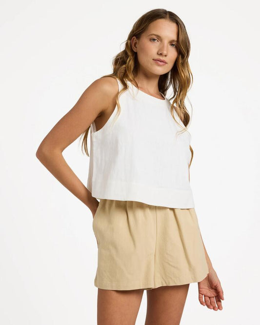 Image of a model wearing Tops. Product name - Roxy Womens Amor Tank Top White in White colour by brand - Roxy