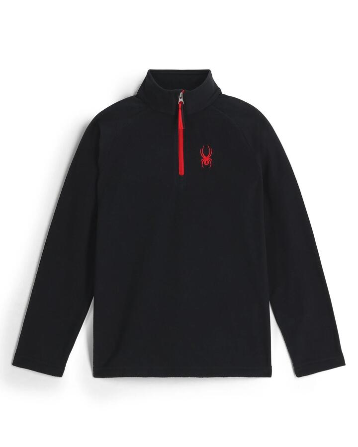 Image of a model wearing Outerwear. Product name - Spyder Youth Speed Fleece 1/2 Zip Black in Black colour by brand - Spyder