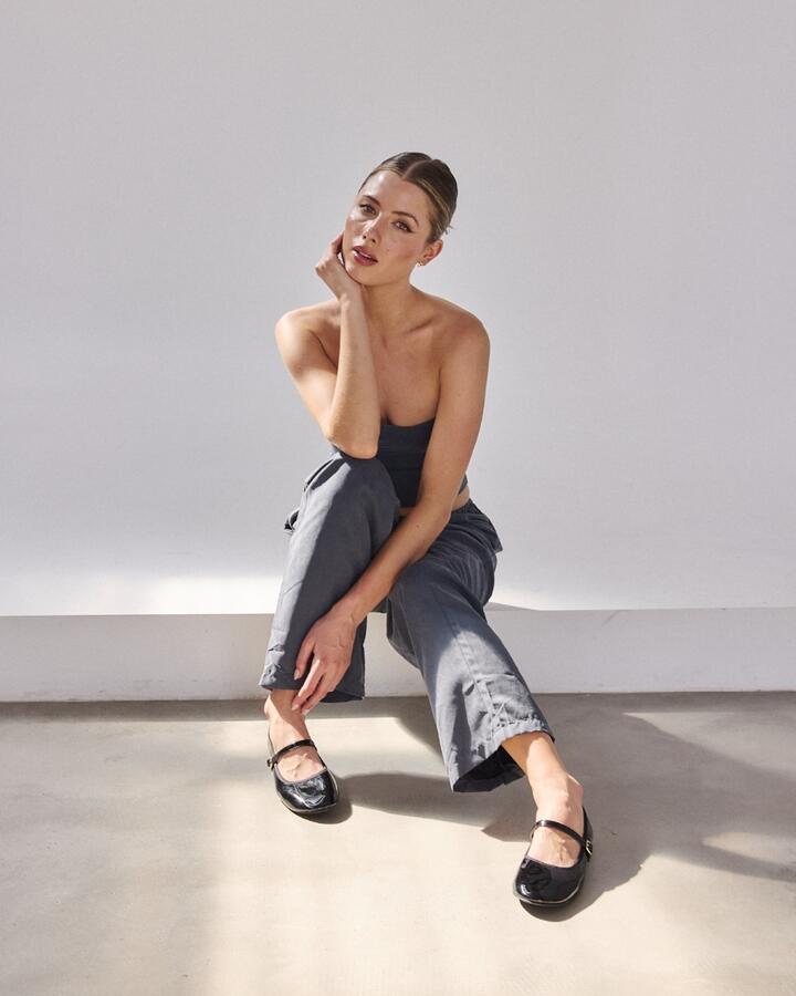 Image of Flats. Product name - Catia Black Patent Vegan Flats in Black colour by brand - Novo