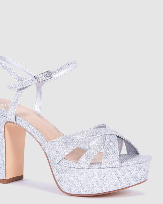 Image of Heels. Product name - Luella Silver Vegan Heels in Multi colour by brand - Novo
