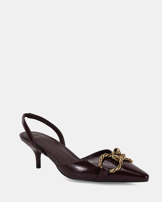Image of Heels. Product name - Istanbul Espresso Patent Vegan Heels in Espresso Patent colour by brand - Novo