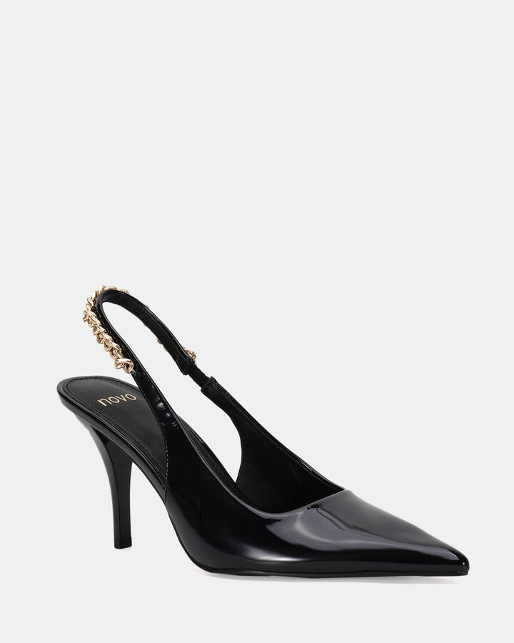 Image of Heels. Product name - Zathy Black Patent Vegan Heels in Black colour by brand - Novo