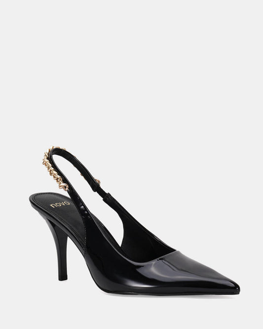 Image of Heels. Product name - Zathy Black Patent Vegan Heels in Black colour by brand - Novo