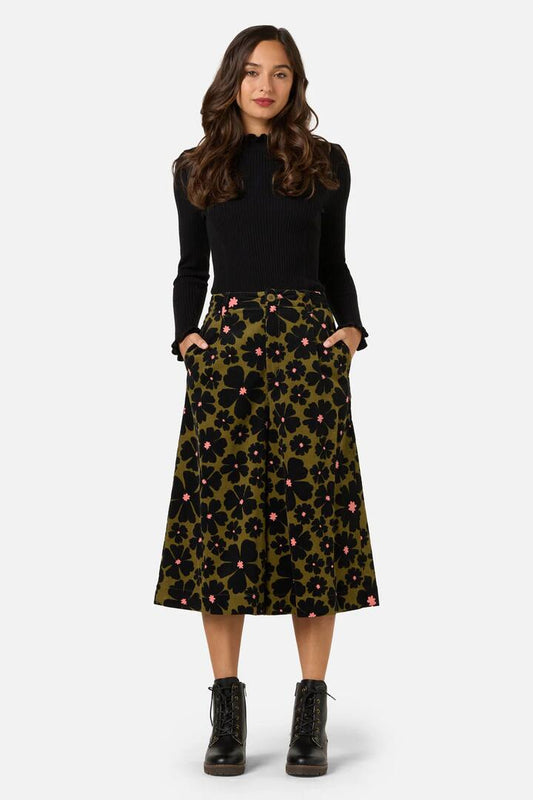 Image of a model wearing Pants. Productname: Donna Flower Cord Culotte in Olive colour by brand - Princess Highway