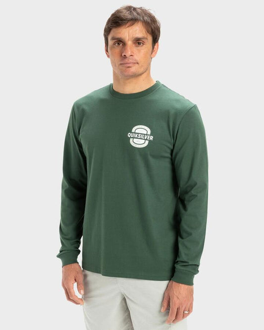 Image of a model wearing Tops. Product name - Quiksilver Mens Ocean Made Long Sleeve T-Shirt Forest Green in Forest Green colour by brand - Quiksilver