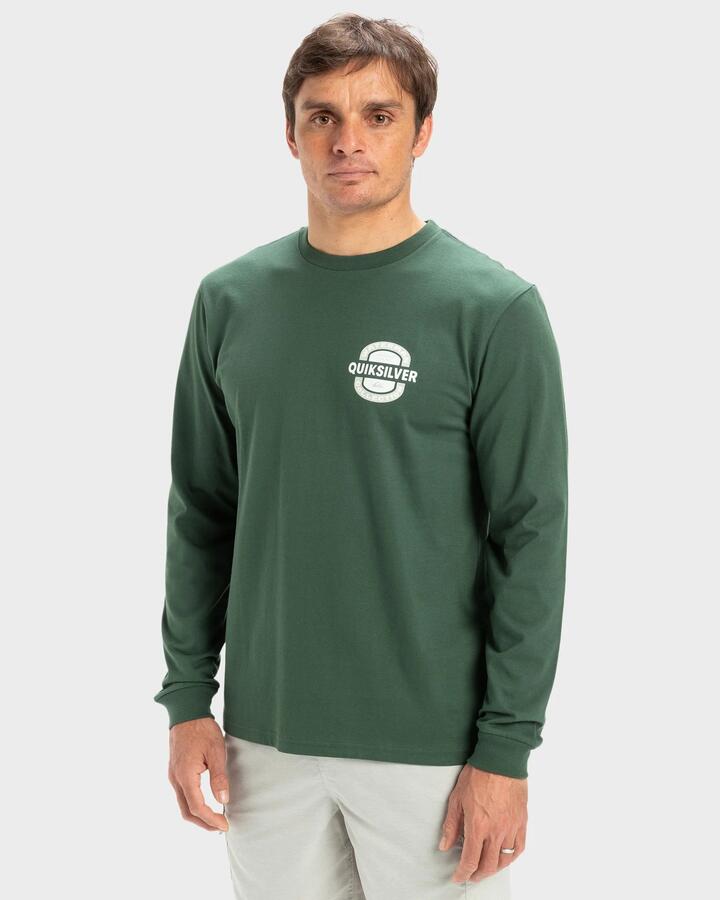 Image of a model wearing Tops. Product name - Quiksilver Mens Ocean Made Long Sleeve T-Shirt Forest Green in Forest Green colour by brand - Quiksilver