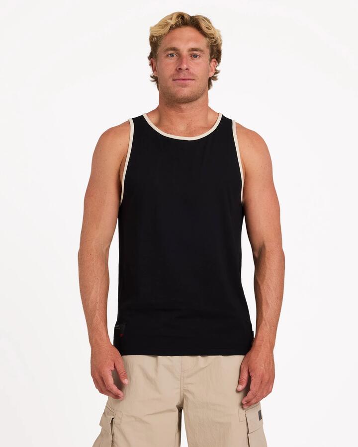 Image of a model wearing Tops. Product name - Billabong Mens Strike Mission Tank Black in Black colour by brand - Billabong