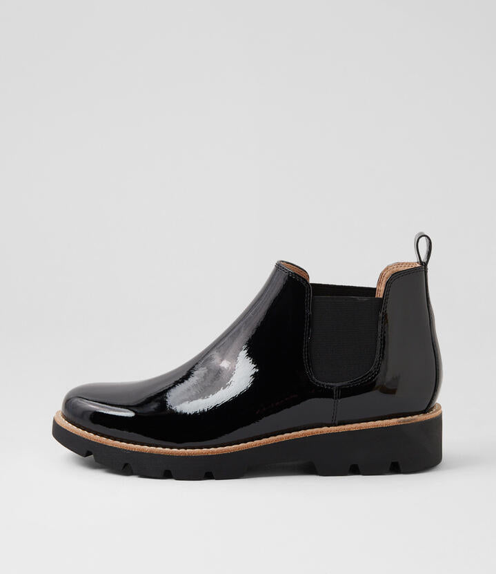 Image of Boots. Product name - Drara Black Patent Leather Chelsea Boots in Black-Black Sole colour by brand - MIDAS
