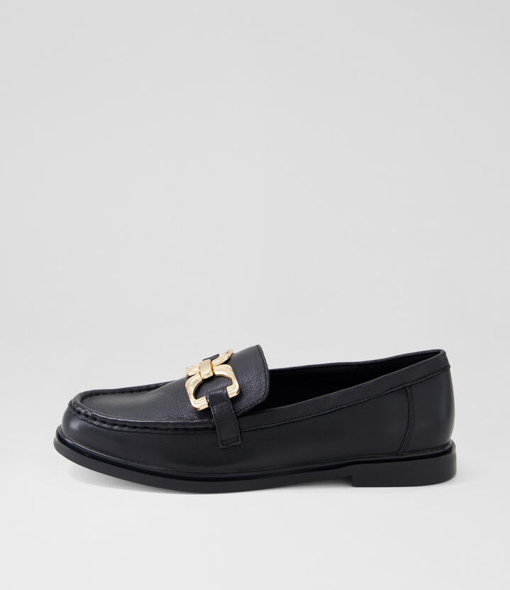 Image of Flats. Product name - Gorgina Black Leather Loafers in Black colour by brand - MOLLINI